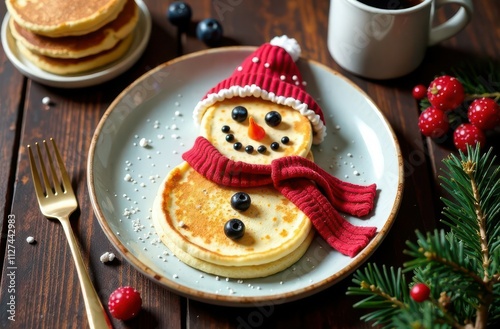 Pancakes in shape of snowman in red hat and scarf on decorated with berries and branches table, top view. Seasonal winter breakfast