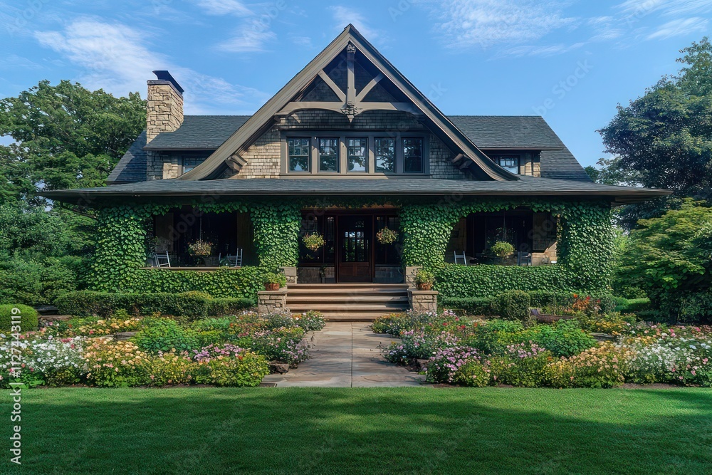 A Craftsman home with a large front porch, surrounded by climbing ivy and well-maintained flower beds, offering a cozy, inviting feel A Craftsman home with a large front porch, surrounded by climbing ivy and well-maintained flower beds, offering a cozy, inviting feel