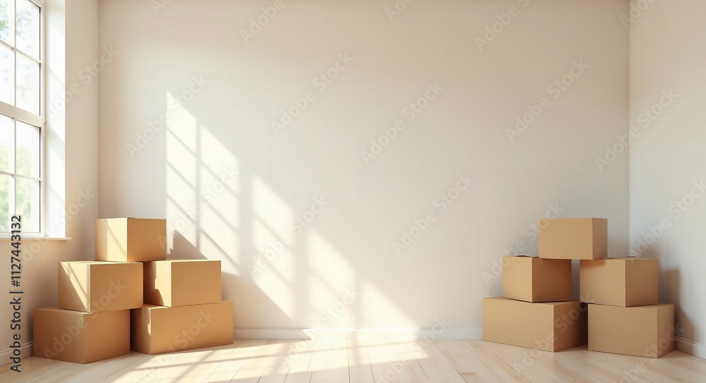 Empty beg wall with Cardboard boxes in empty room interior, moving concept. Sunlight big windows. Move to new building Empty beg wall with Cardboard boxes in empty room interior, moving concept. Sunlight big windows. Move to new building