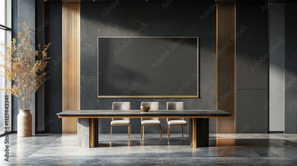 Office meeting room featuring a conference table with a blank blackboard mockup for presentations Office meeting room featuring a conference table with a blank blackboard mockup for presentations
