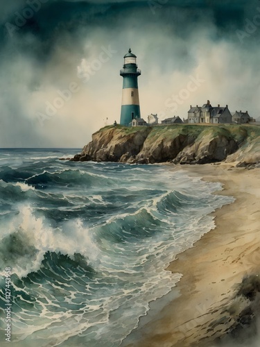 Beacon of Light: A Watercolor Painting of a Lighthouse on a Rocky Island