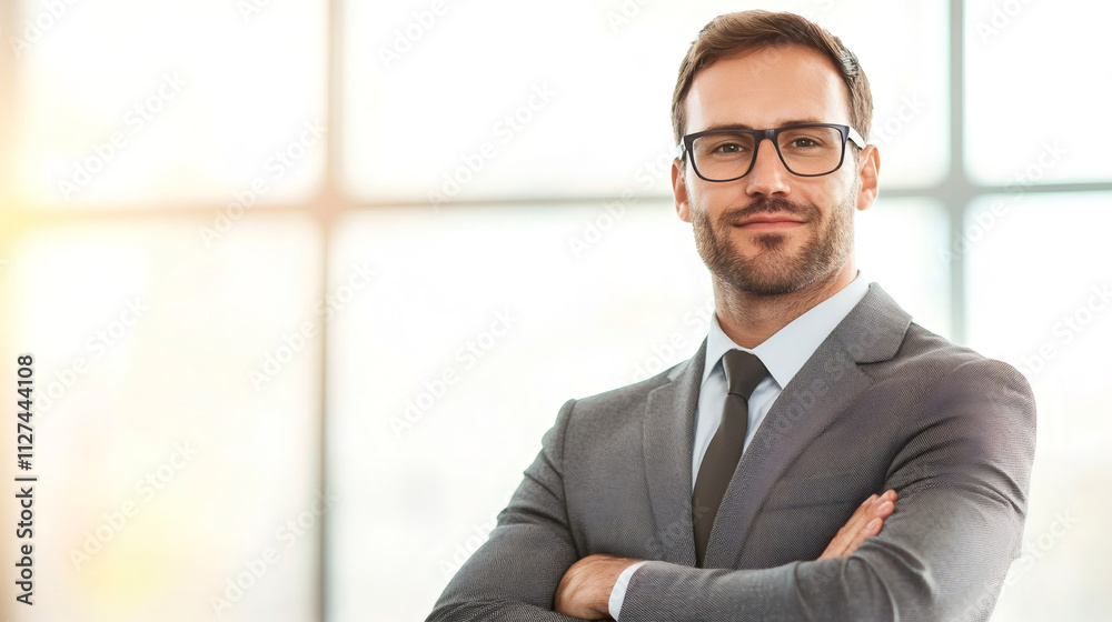 Confident businessman in glasses and suit, smiling with arms crossed in a bright office setting Confident businessman in glasses and suit, smiling with arms crossed in a bright office setting