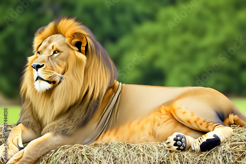 A lion laying on top of some hay. Lions and lions in nature hay. Lion lying on a fluffy hay. Lions lying on a hay in nature with fluffy lions lifestyle. photo