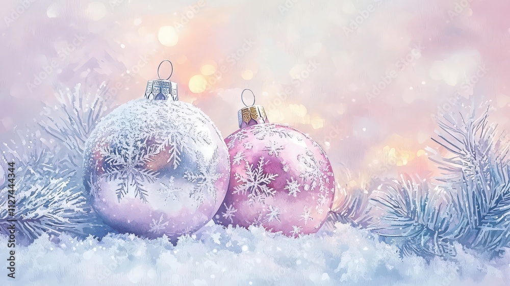 Fototapeta premium Elegant Christmas ornaments resting in a snowy background, creating a festive atmosphere.