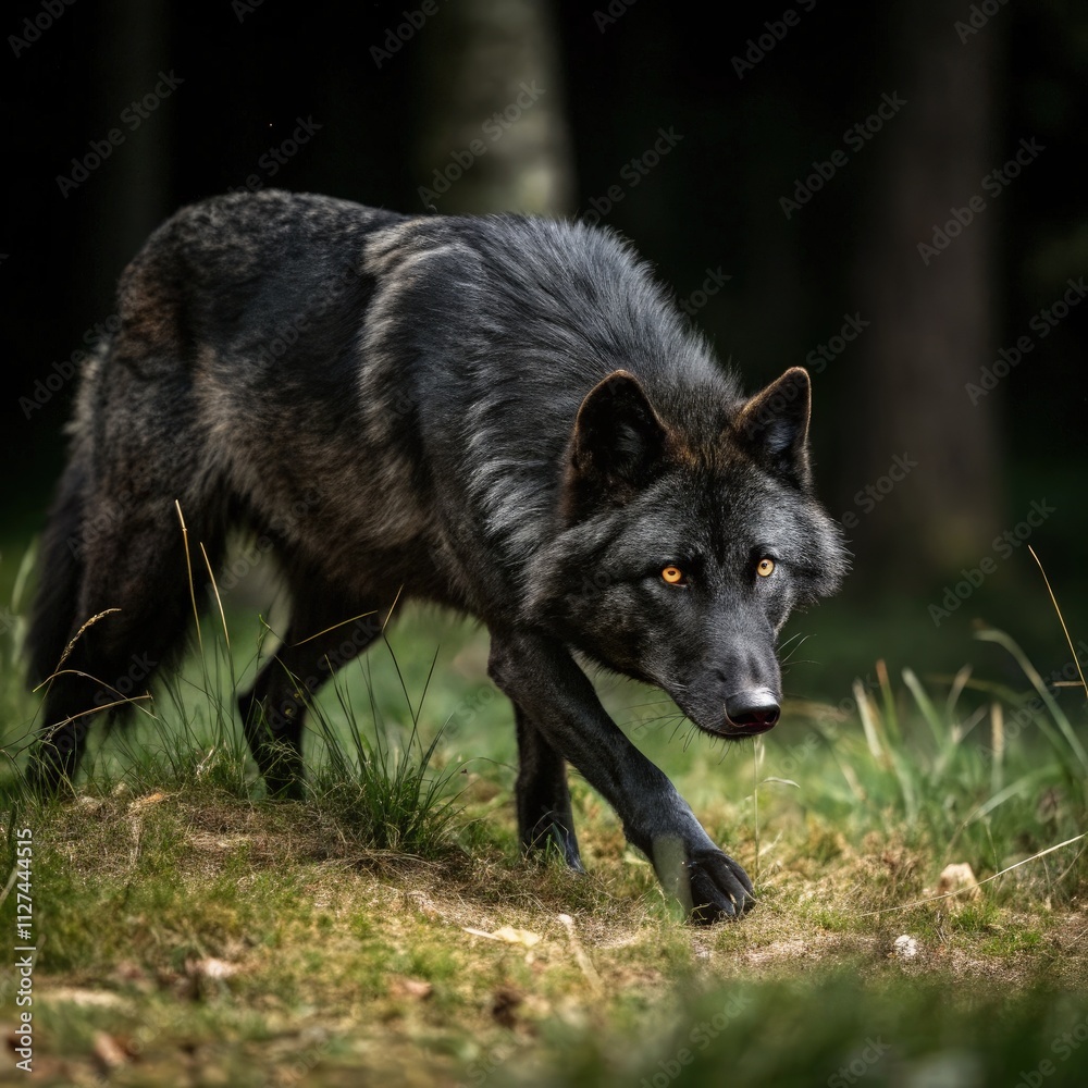 Black Wolf Poised to Leap on Prey in Forest Setting During Daylight. Generative AI Black Wolf Poised to Leap on Prey in Forest Setting During Daylight. Generative AI