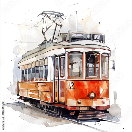 A watercolor of a classic tram, isolated on a white background. Classic tram vector.
