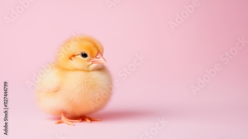 A cute, fluffy yellow chick stands against a soft pink background, perfect for use in children's products, Easter themes, or animal-related content, This image adds a playful touch to any project,