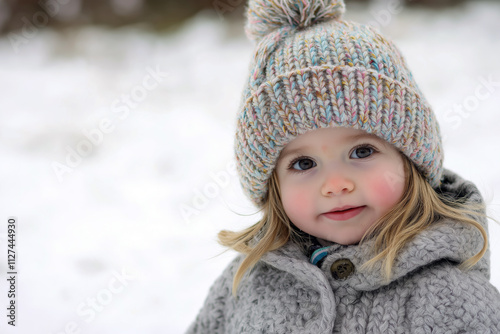 A child playing in the snow while wearing a cozy handmade knitted beanie with a pompom.