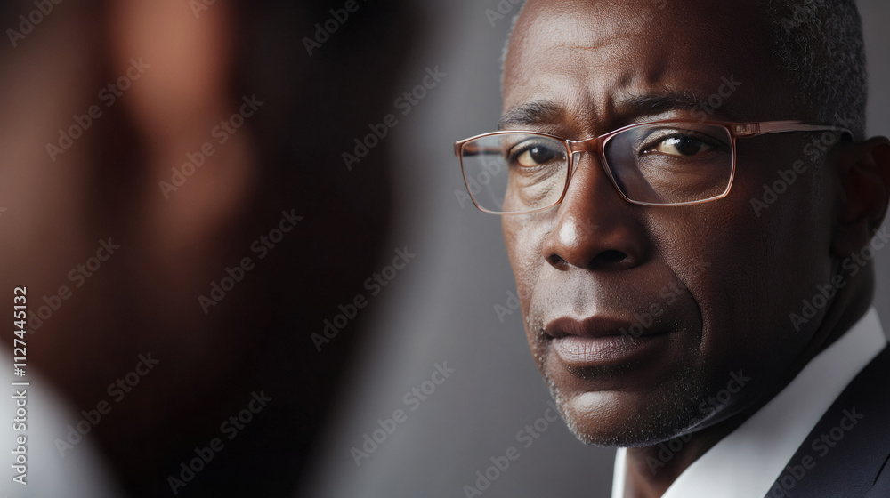 Close-up portrait of a serious mature businessman exuding confidence and authority in corporate setting Close-up portrait of a serious mature businessman exuding confidence and authority in corporate setting