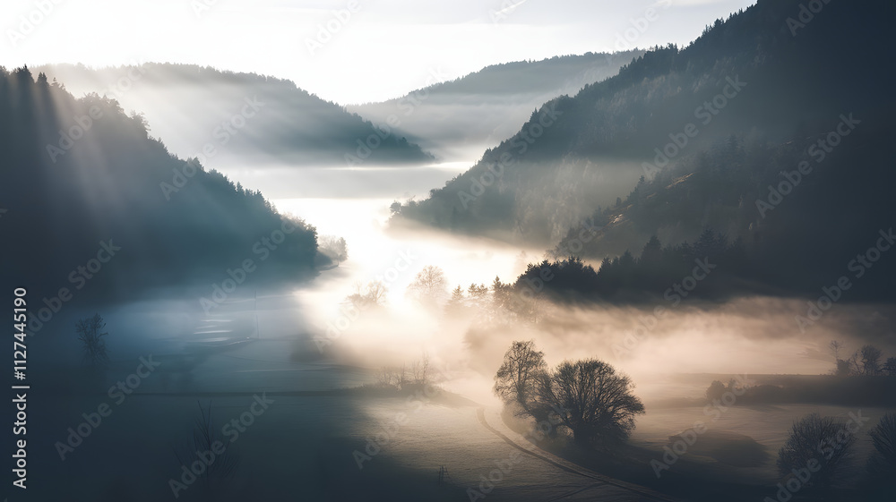 Fototapeta premium A misty valley with sunlight piercing through in scattered rays, creating a dreamlike glow