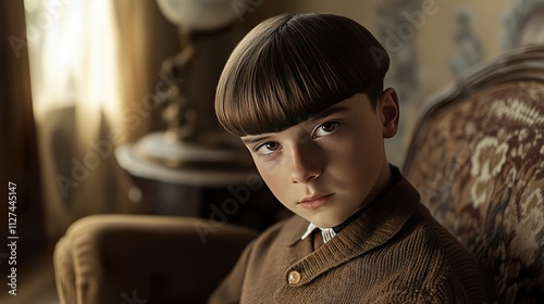 A boy with a classic bowl cut hairstyle, posing in a vintage-inspired setting.