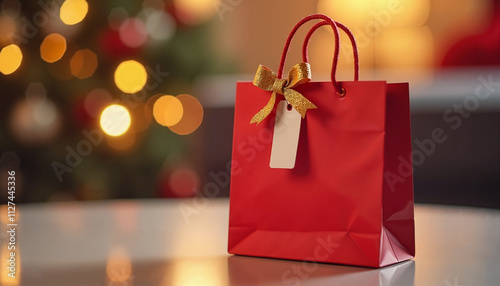 Red gift bag with bow on table and Christmas lights