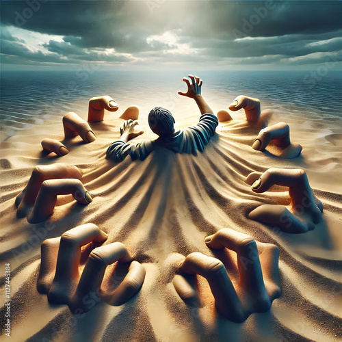 A person sinking into quicksand shaped like hands pulling them down.