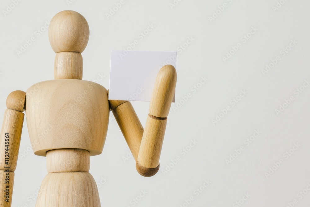 A wooden mannequin holding a blank business card against a plain white background for creative projects. A wooden mannequin holding a blank business card against a plain white background for creative projects.