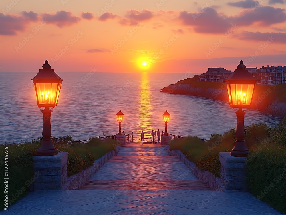 Sunset Stairway Leading To Ocean View With Lit Lanterns Sunset Stairway Leading To Ocean View With Lit Lanterns