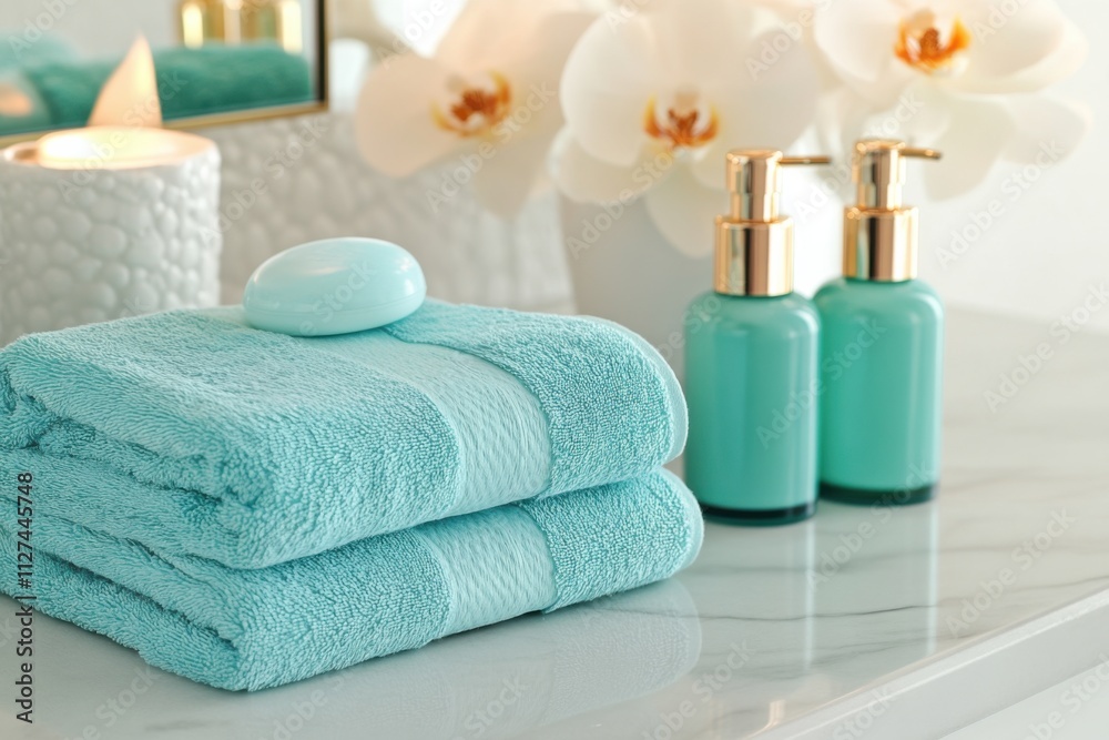 Luxurious spa setup featuring coral candles, pastel blue towels, and turquoise essential oil bottles on a marble counter Luxurious spa setup featuring coral candles, pastel blue towels, and turquoise essential oil bottles on a marble counter