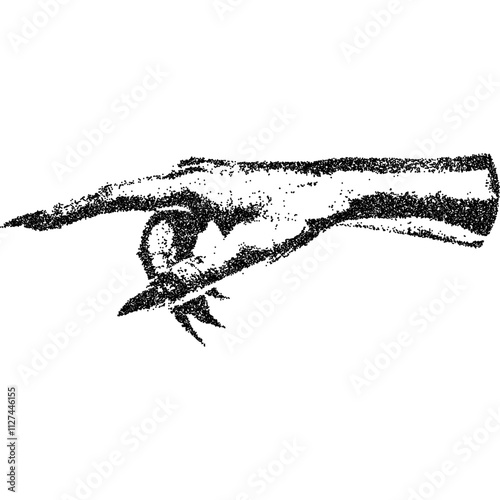 Pointing hand gesture, collage element with vintage stipple photocopy effect, with retro grainy texture. Vector illustration for grunge psychedelic surreal poster or tattoo in 90s aesthetic.
