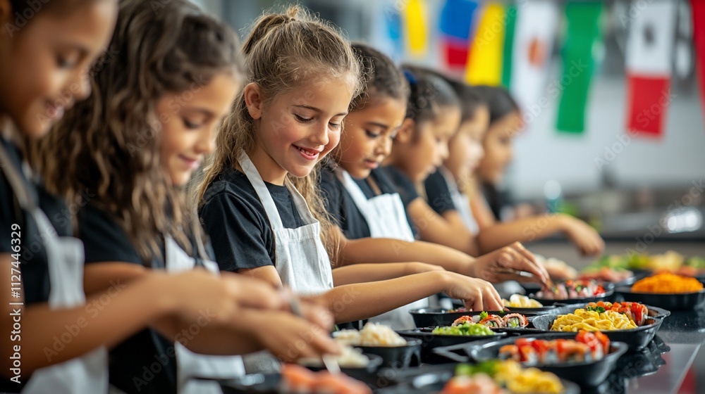 Happy diverse children participate in a cooking class, preparing and arranging food in containers. Happy diverse children participate in a cooking class, preparing and arranging food in containers.