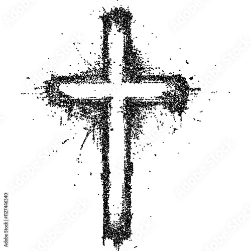 Cross silhouette shape, collage element with vintage stipple photocopy effect, with retro grainy texture. Vector illustration for grunge psychedelic surreal poster or tattoo in 90s aesthetic.