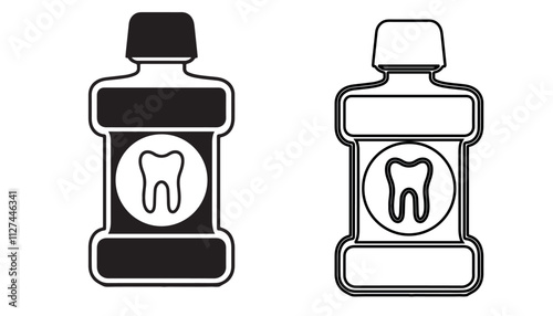 Mouthwash icons. Black and White Vector Icons. Mouthwash Bottle with Tooth on Label. Dental Care. Medicine and Dentistry Concept