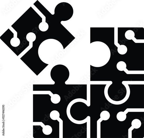 Problem Solving icon. Artificial intelligence AI Puzzle pieces connecting to symbolize analytical and logical problem-solving skills. Suitable for AI and education contexts. Black flat syle.