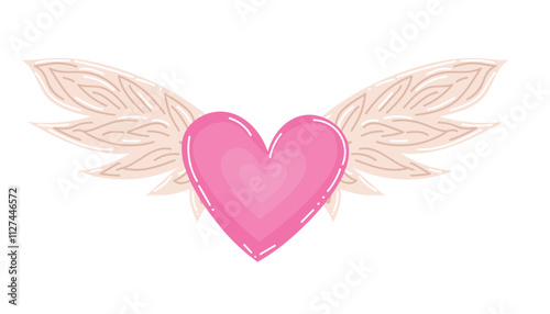 Flying cartoon pink heart in flat style. Happy Valentine's Day symbol of love. Heart with Angel wings.