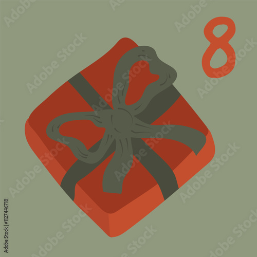 Advent is the Christmas calendar for December 8th. Christmas, New Year's gift with a bow. Greeting card for printing, vector illustration.