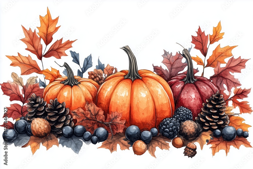 Pumpkins with autumn leaves and berries. Fall harvest concept Pumpkins with autumn leaves and berries. Fall harvest concept