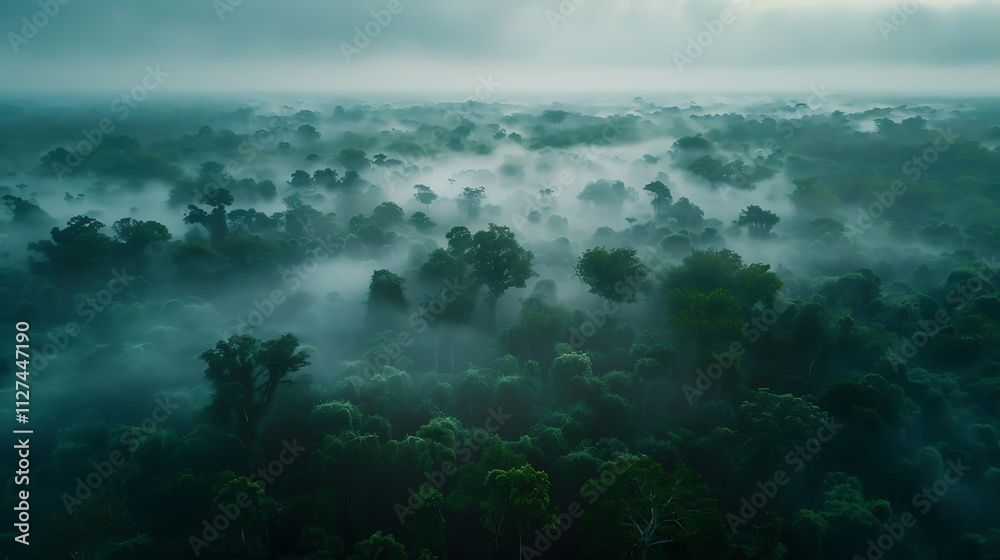 A wide view of a forest blanketed in fog, with dark green trees barely visible through the mist A wide view of a forest blanketed in fog, with dark green trees barely visible through the mist