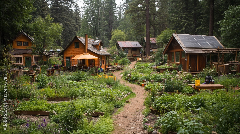 Eco-village nestled in lush forest, featuring sustainable homes and abundant gardens. Eco-village nestled in lush forest, featuring sustainable homes and abundant gardens.