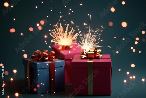 Brightly colored gift boxes opening sequentially with festive fireworks animation, symbolizing joy. photo