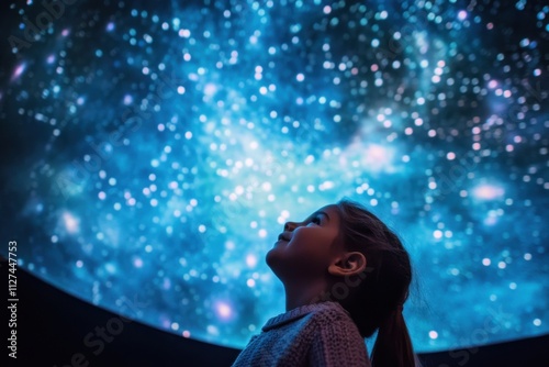 A child is enthralled by the sight of a star-filled planetarium ceiling.