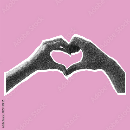 Trendy retro photocopy effect elements set. heart hand , love hand , love sign  Vector dotted stipplism effect