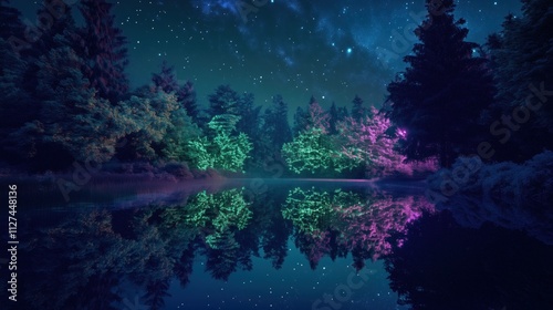 Magischer Wald mit Spiegelungen bei Nacht