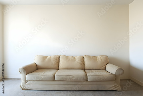 Modern living room with vacant white wall and beige couch