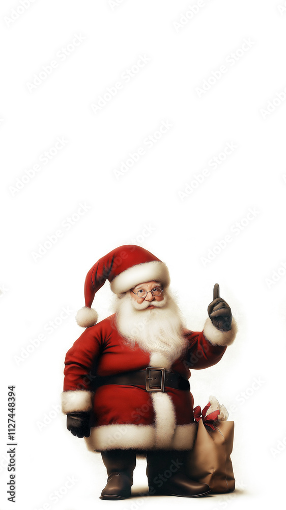 Santa Claus figure dressed in a red suit with white fur trim, bag with gifts, holding finger up, isolated on white background, copy space, aspect ratio 9-16 Santa Claus figure dressed in a red suit with white fur trim, bag with gifts, holding finger up, isolated on white background, copy space, aspect ratio 9-16