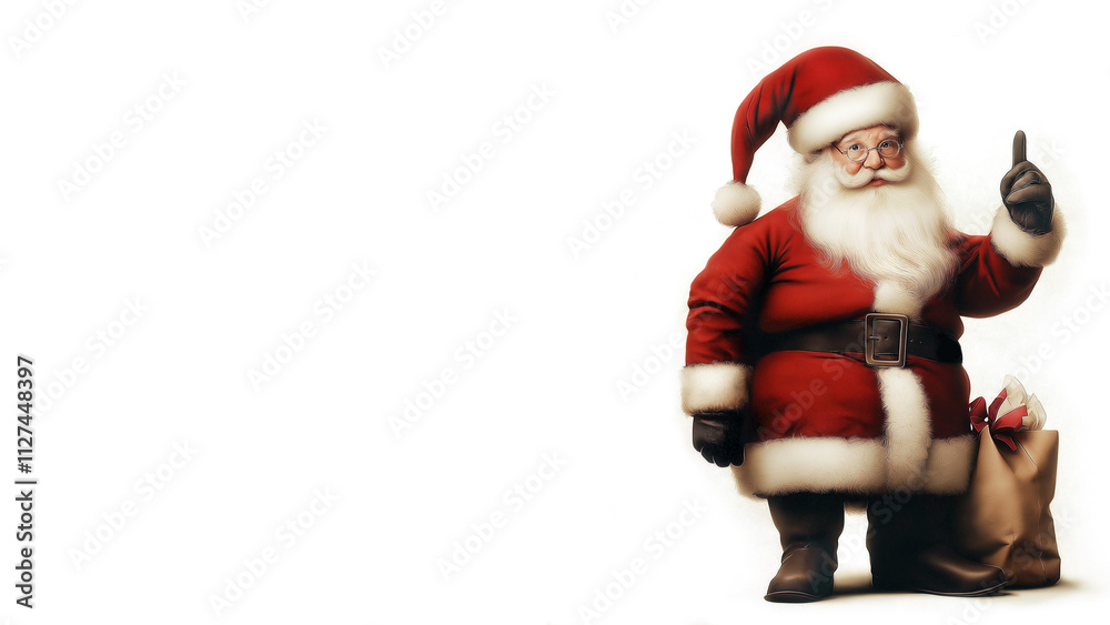 Santa Claus figure dressed in a red suit with white fur trim, bag with gifts, holding finger up, isolated on white background, copy space, aspect ratio 16-9 Santa Claus figure dressed in a red suit with white fur trim, bag with gifts, holding finger up, isolated on white background, copy space, aspect ratio 16-9