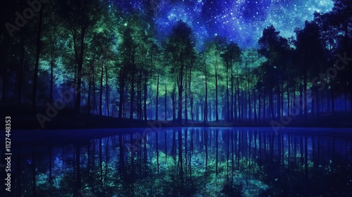 Dichter Wald mit Sternenhimmel und Reflexionen