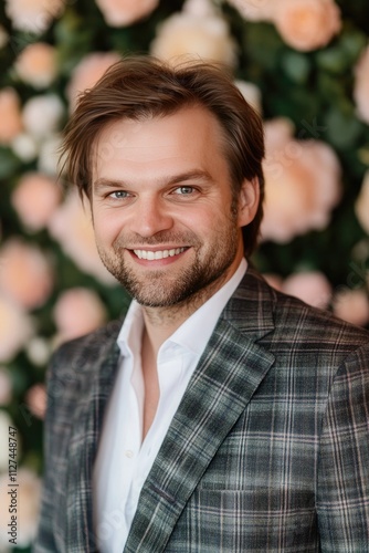 Smiling Man in Plaid Jacket Against Floral Backdrop