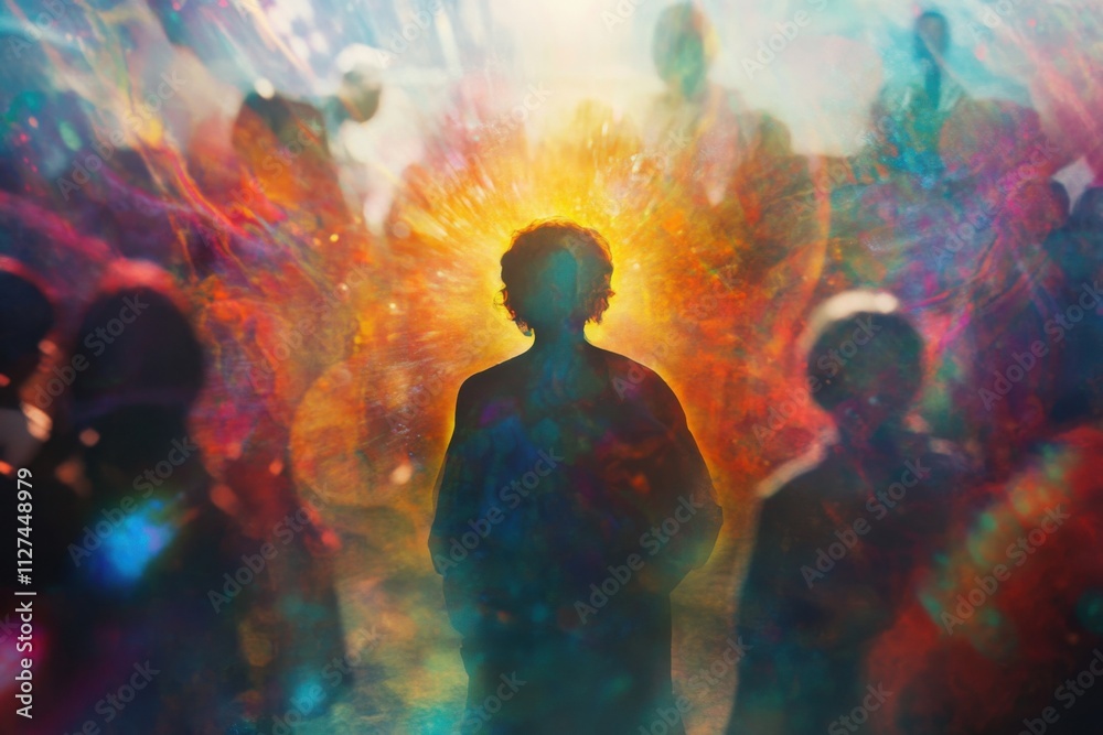 Fototapeta premium A meditative figure radiating a vibrant aura, finding peace in a bustling urban environment.