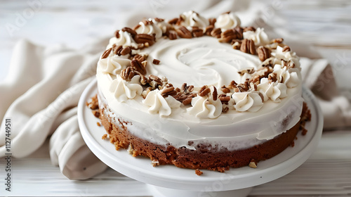 Pecan-topped cream cheese frosted cake on a white cake stand.