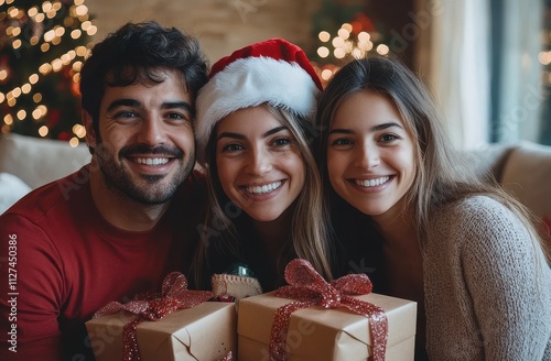 Joyful family celebrating Christmas together with gifts and sparklers, capturing the festive spirit and happiness during the holiday season on a cozy winter evening photo