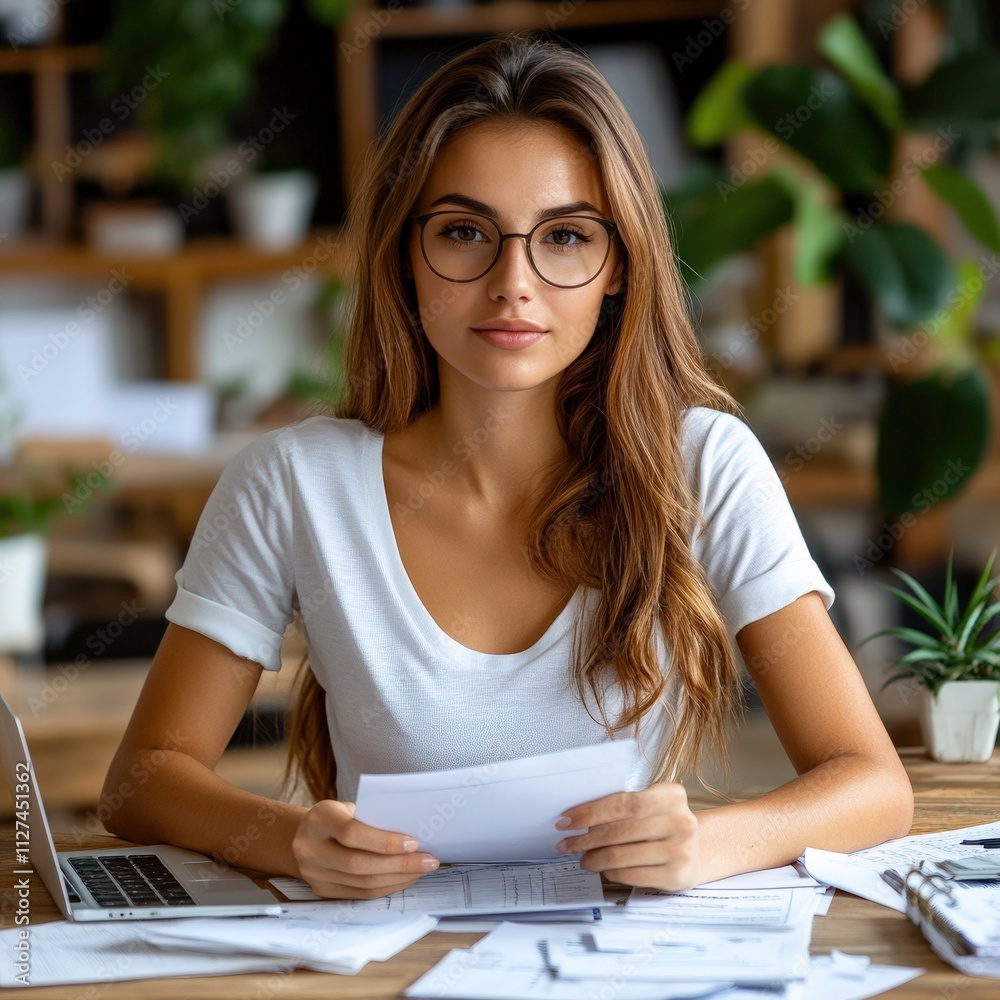 Obraz premium Accountant analyzing invoices for small business in home office professional environment focused viewpoint on financial prep