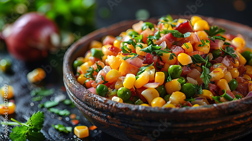 Pea and Corn Succotash: Southern-style side dish with green peas, corn kernels, bell peppers, onions, and bacon or ham.