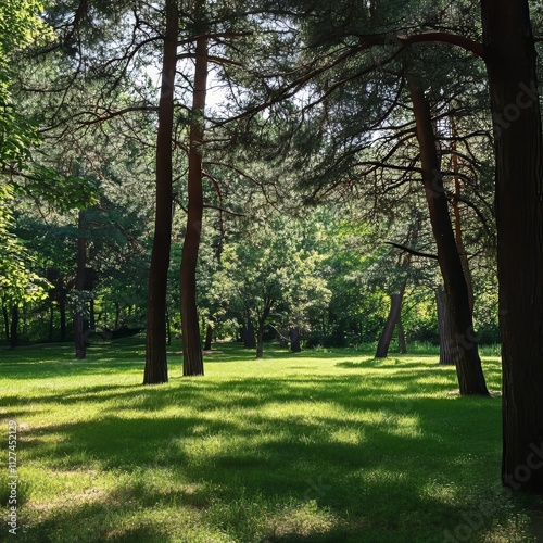 Suburban park with pines and grass.