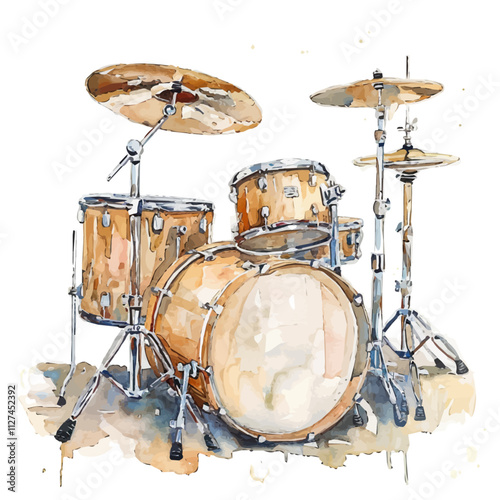 A watercolor of a drum kit, isolated on a white background. Drum kit vector.