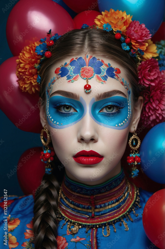 Vibrant Portrait with Floral Face Paint and Balloons Vibrant Portrait with Floral Face Paint and Balloons