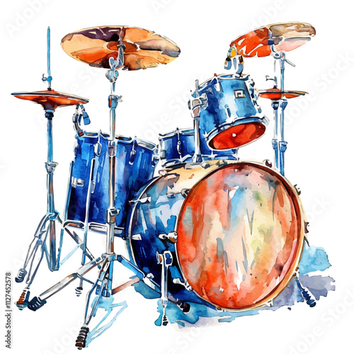 A watercolor painting of a drum kit, isolated on a white background. Drum kit vector.