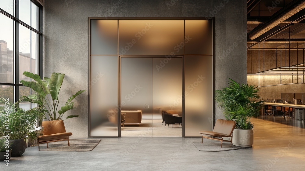 Modern Office Lobby with Glass Partition and Tropical Plants