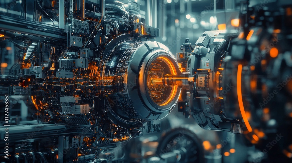 Futuristic glowing machine in a high-tech environment Futuristic glowing machine in a high-tech environment
